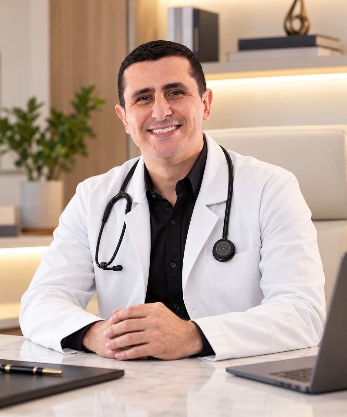 Dr. Marcelo Thomaz sorrindo, de jaleco, sentado à mesa